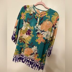 Silk Floral Print Women's Top - Teal and Multicolor